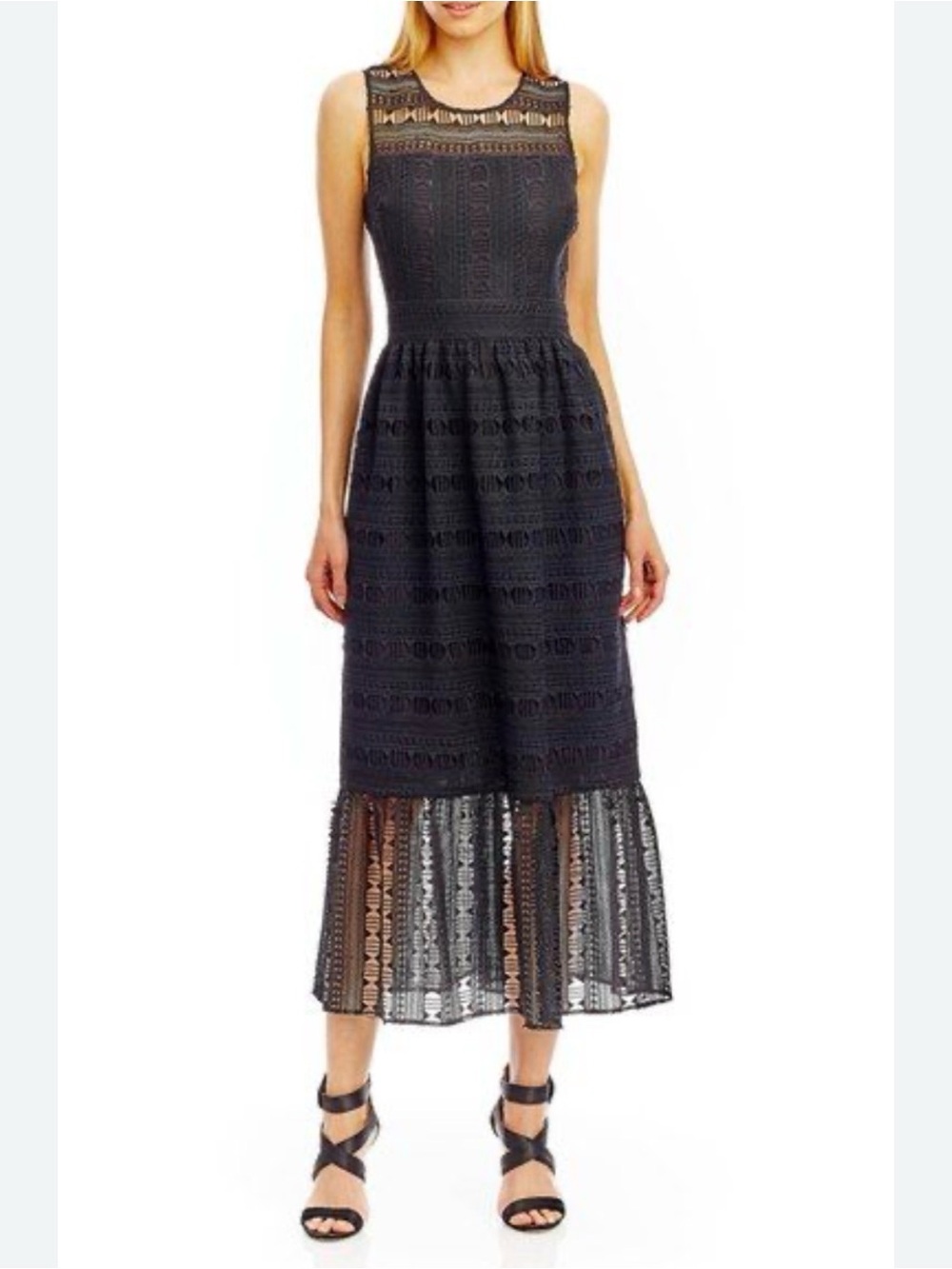 Nicole Miller Black Lace Midi Dress Illusion Neckline Romantic clean girl sz 2